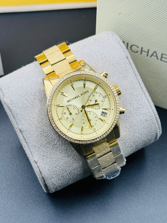 Michael Kors Ritz Gold Stainless Steel Gold Dial Chronograph Quartz Watch for Ladies - MK6597