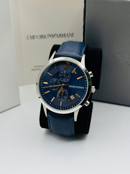 EMPORIO ARMANI Renato Blue Leather Strap Blue Dial Chronograph Quartz Watch for Gents - AR11216