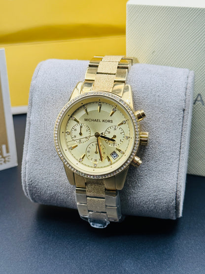 Michael Kors Ritz Gold Stainless Steel Gold Dial Chronograph Quartz Watch for Ladies - MK6597