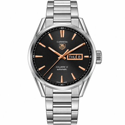 Tag Heuer Carrera Calibre 5 Silver Stainless Steel Black Dial Automatic Watch for Gents - WAR201CBA0723