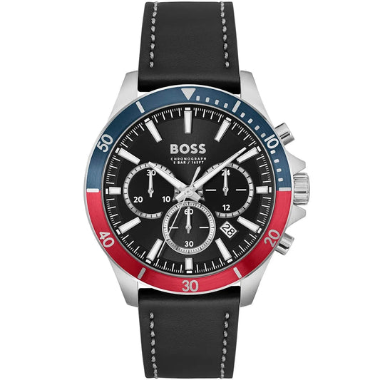 Hugo Boss Troper Chronograph Black Dial Black Leather Strap Watch For Men - 1514099