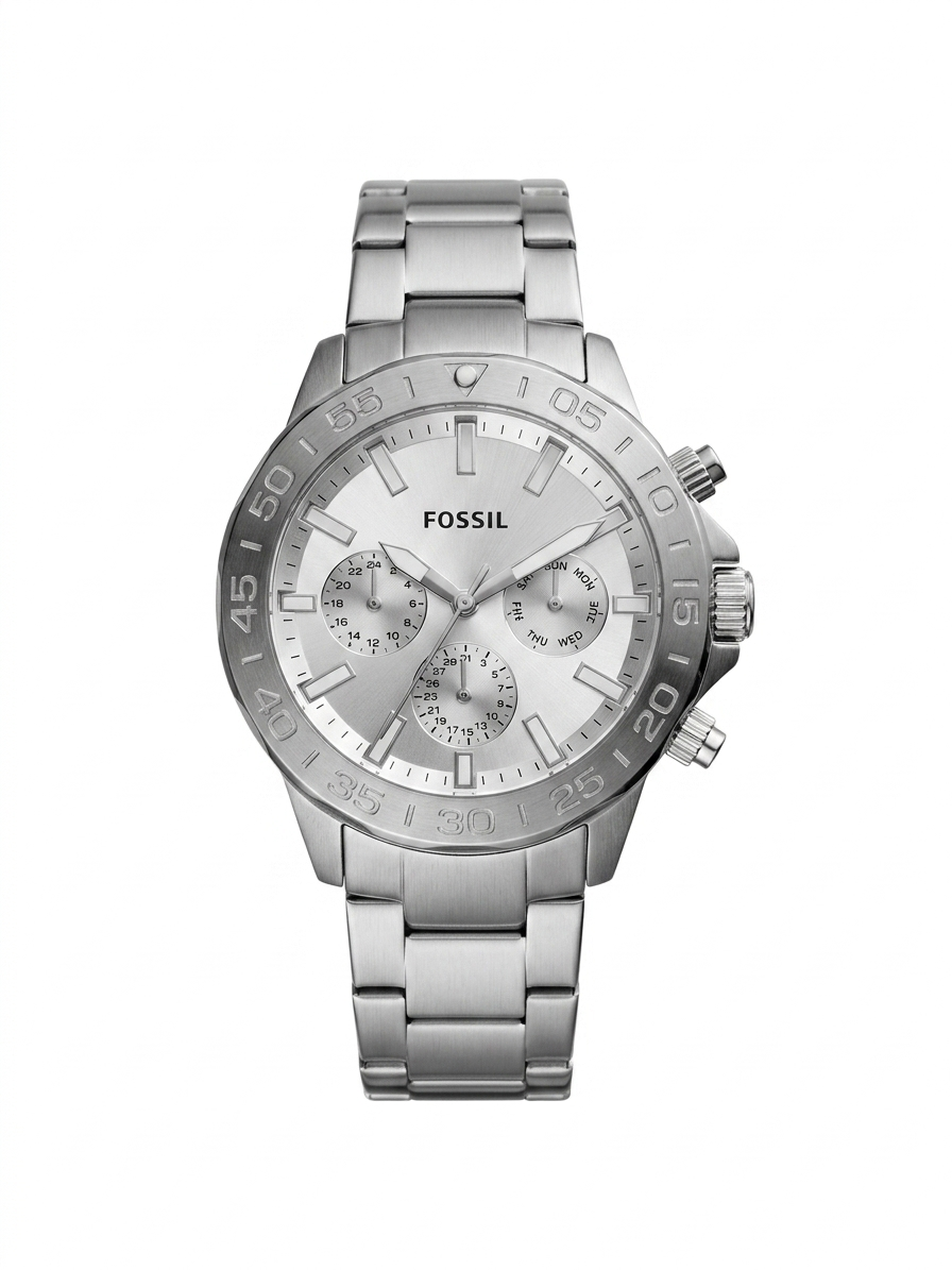Fossil Bannon Multifunction Silver 45mm Stainless Steel Silver Dial Chronograph Quartz Watch for Gents - BQ2490