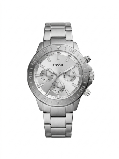 Fossil Bannon Multifunction Silver 45mm Stainless Steel Silver Dial Chronograph Quartz Watch for Gents - BQ2490