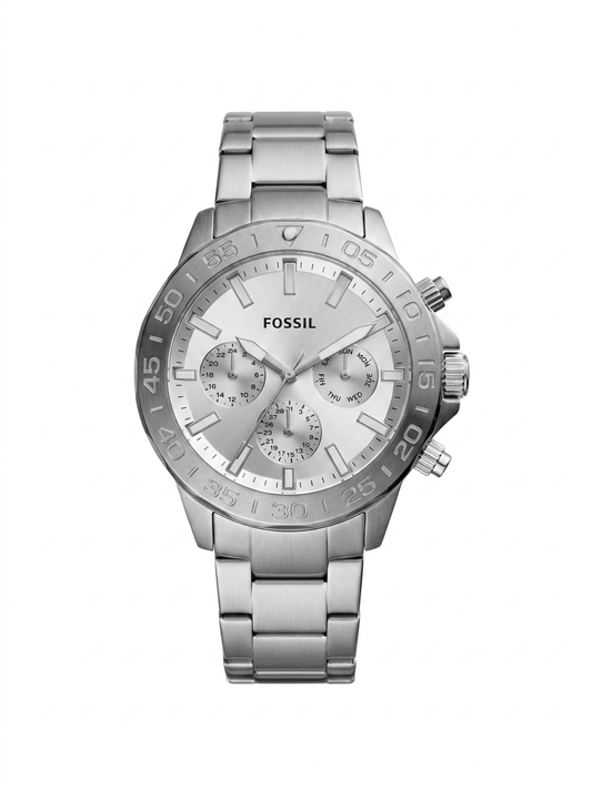 Fossil Bannon Multifunction Silver 45mm Stainless Steel Silver Dial Chronograph Quartz Watch for Gents - BQ2490