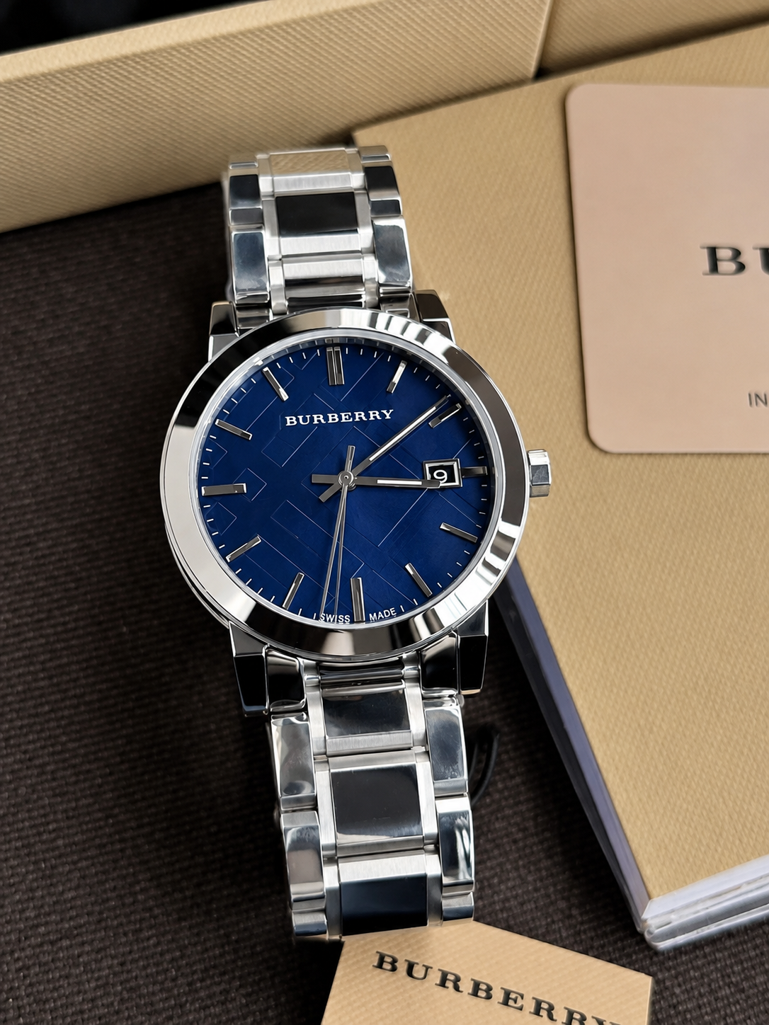 BURBERRY Blue Check Stamped Dial Stainless Steel Men's Watch BU9031 38mm Unisex