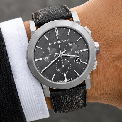 Burberry Black Leather Strap Grey Dial Chronograph Quartz Watch for Gents - BU9362