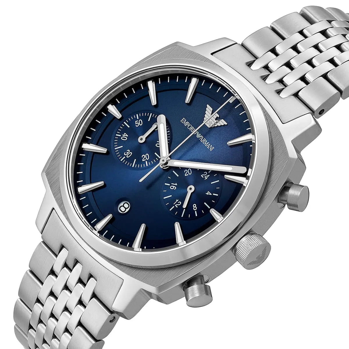 Emporio Armani Ruggero Silver Stainless Steel Navy Blue Dial Chronograph Quartz Watch for Gents - AR11688