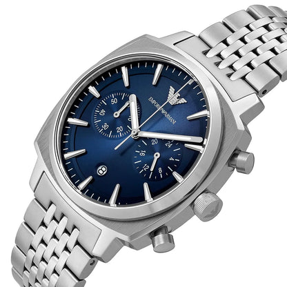 Emporio Armani Ruggero Silver Stainless Steel Navy Blue Dial Chronograph Quartz Watch for Gents - AR11688