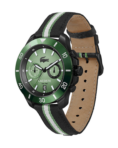 Lacoste 2011341 Toronga Mens Black Stainless Steel Quartz Green Dial Black Cloth Band Watch
