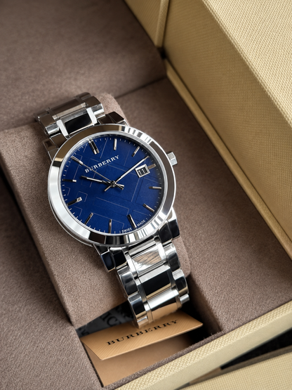 BURBERRY Blue Check Stamped Dial Stainless Steel Men's Watch BU9031 38mm Unisex