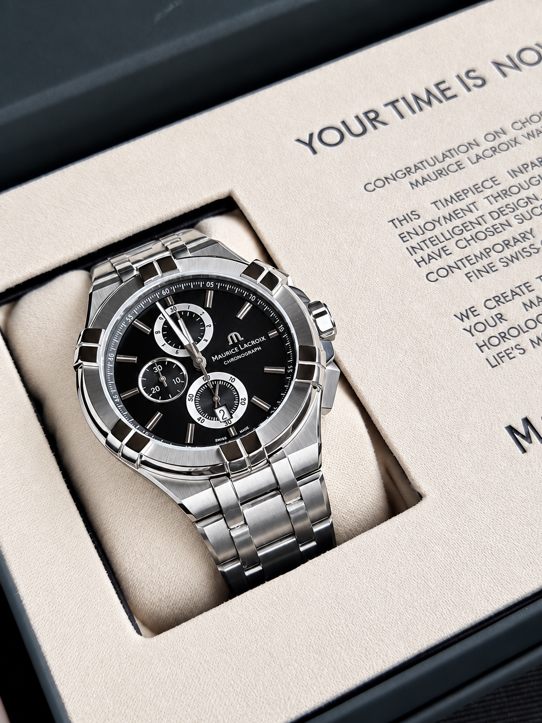 Maurice Lacroix Men’s Quartz Swiss Made Silver Stainless Steel Black Dial 44mm Watch AI1018-SS002-330-1