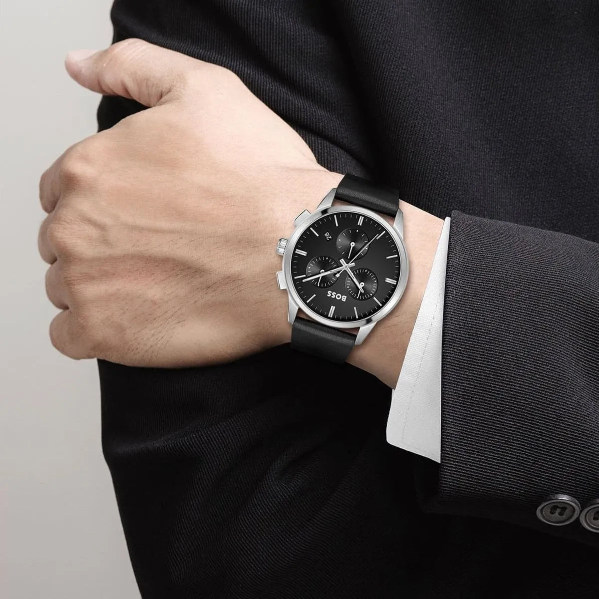 Hugo Boss Watch For Men Dapper 1513925 Chronograph With Black dial Leather belt with Black color