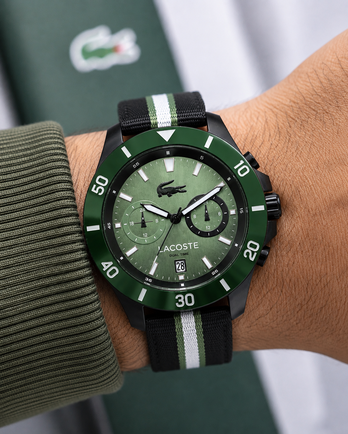 Lacoste 2011341 Toronga Mens Black Stainless Steel Quartz Green Dial Black Cloth Band Watch