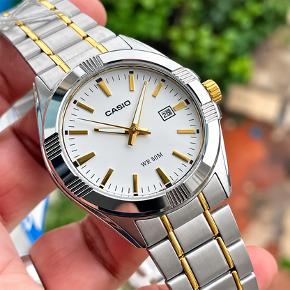 Casio Two-Tone Stainless Steel Analog Watch – White Dial, Gold Markers & Date Displa