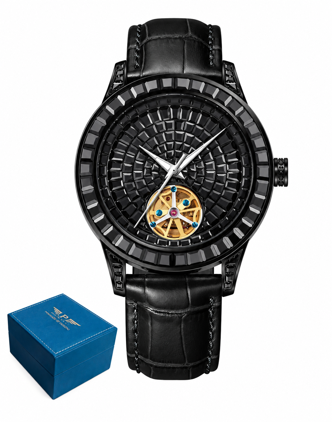 PINDU Men's Automatic Watch Mineral Glass Luminous Black Leather P5037