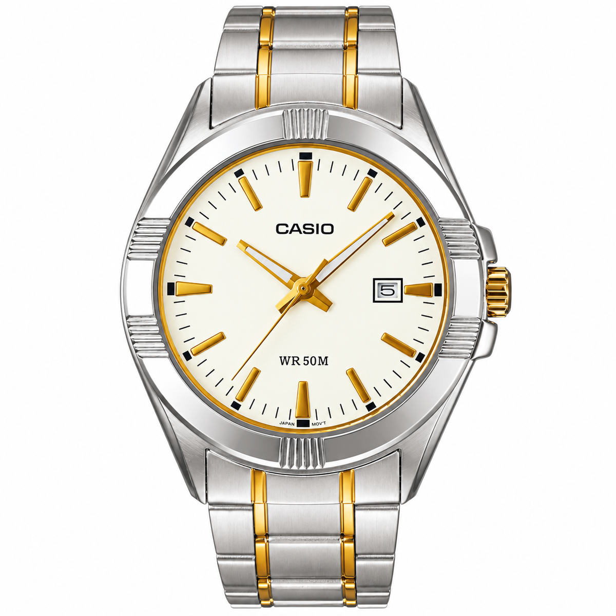 Casio Two-Tone Stainless Steel Analog Watch – White Dial, Gold Markers & Date Displa