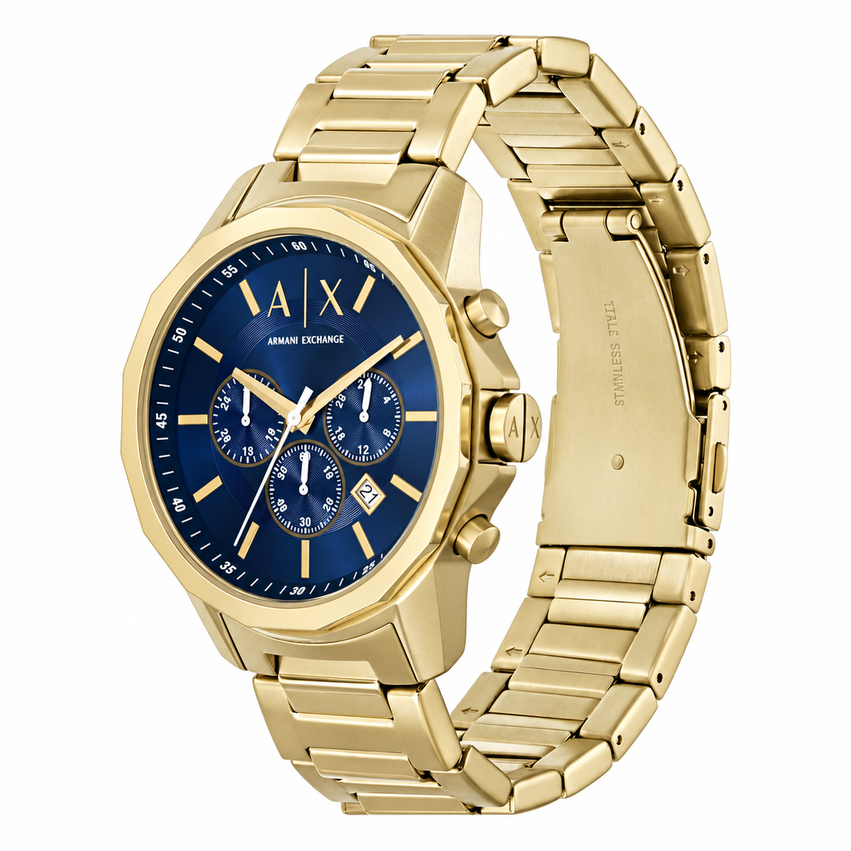 Armani Exchange Banks Gold Stainless Steel Blue Dial Chronograph Quartz Watch for Gents - Ax-7151