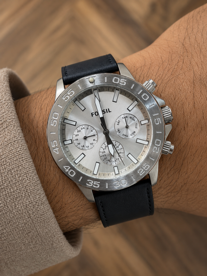 Fossil Bannon Multifunction Silver 45mm Stainless Steel Silver Dial Chronograph Quartz Watch for Gents - BQ2490
