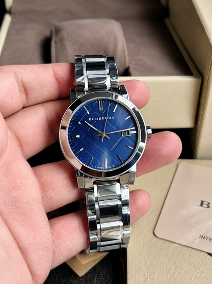 BURBERRY Blue Check Stamped Dial Stainless Steel Men's Watch BU9031 38mm Unisex