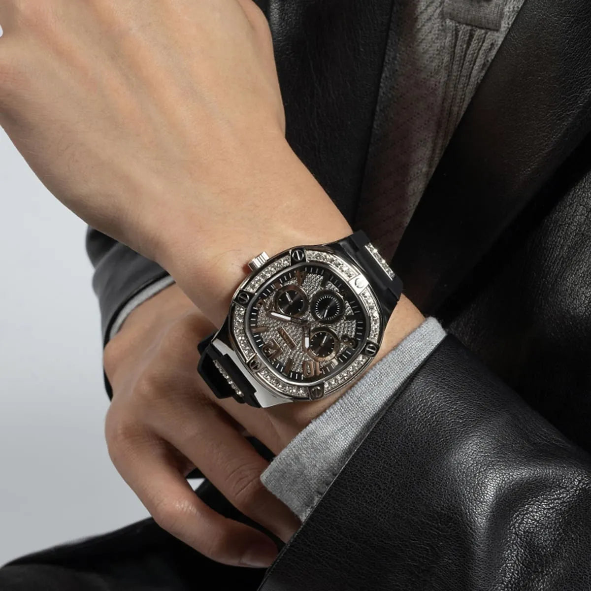 Guess Men’s Quartz Black Silicone Strap Silver Dial 46mm Watch GW0641G1