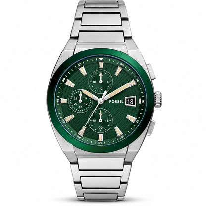Fossil Everett Silver Stainless Steel Green Dial Chronograph Quartz Watch for Gents - FS5964