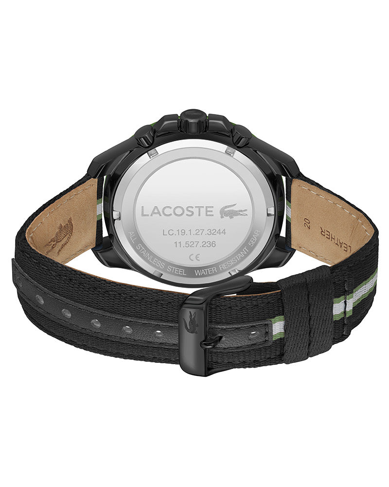 Lacoste 2011341 Toronga Mens Black Stainless Steel Quartz Green Dial Black Cloth Band Watch