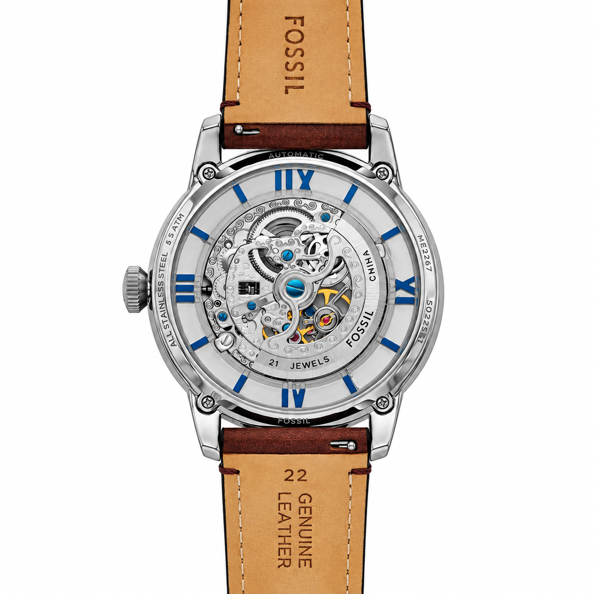 Fossil Townsman 44mm Skeleton Silver Dial Leather Mens Automatic Watch ME3267