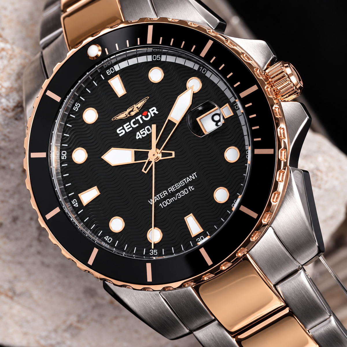 Sector 450 41mm 3 hand black dial bracelet +rg watch Lot Import (Pre-Owned)
