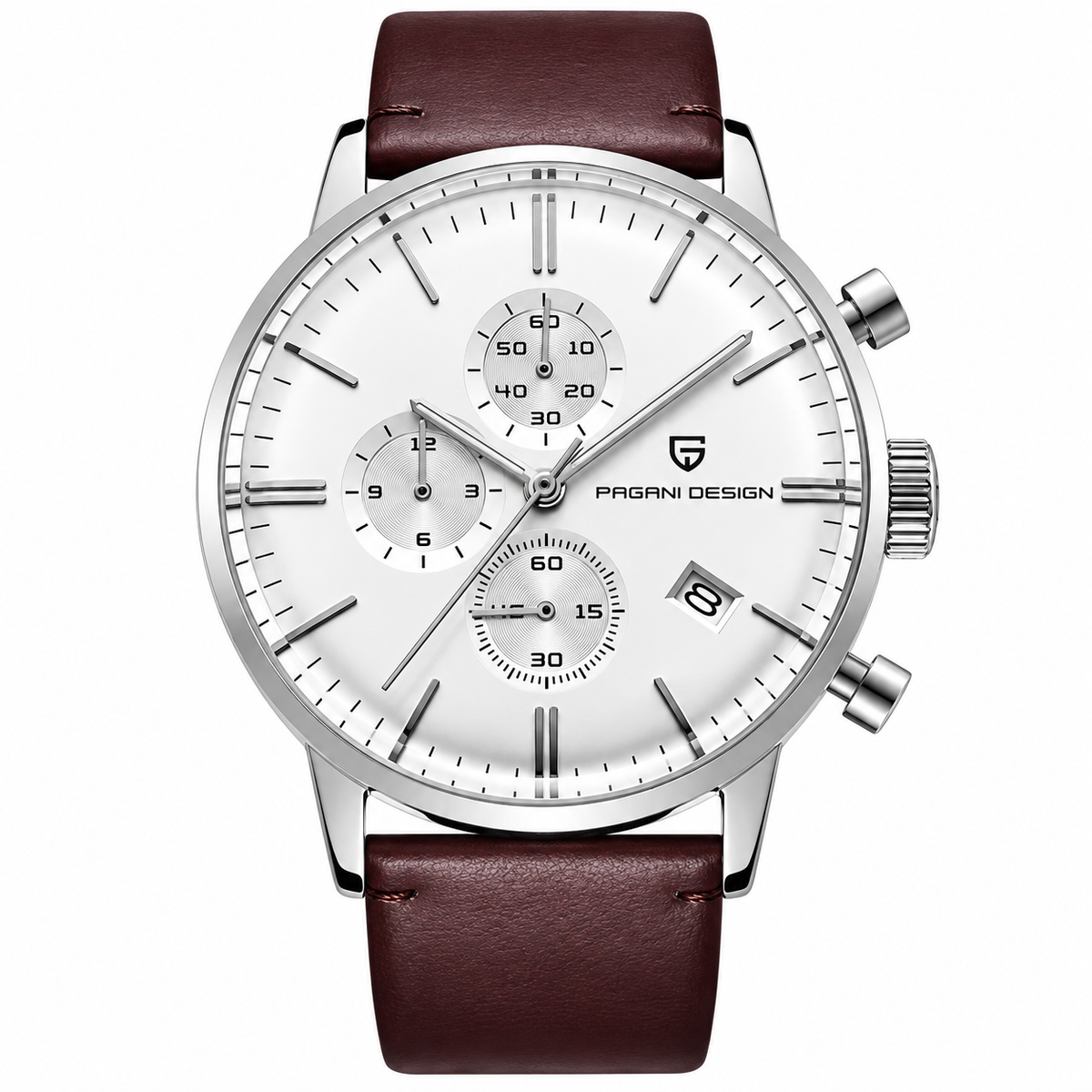 Pagani Design Brown Leather Strap White Dial Chronograph Quartz Watch for Gents - PD2720K
