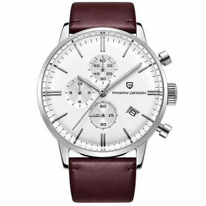 Pagani Design Brown Leather Strap White Dial Chronograph Quartz Watch for Gents - PD2720K
