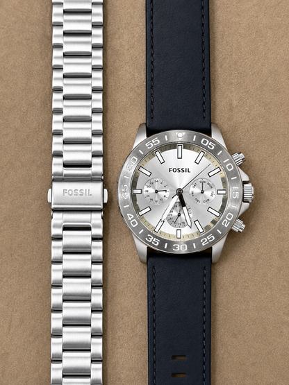 Fossil Bannon Multifunction Silver 45mm Stainless Steel Silver Dial Chronograph Quartz Watch for Gents - BQ2490