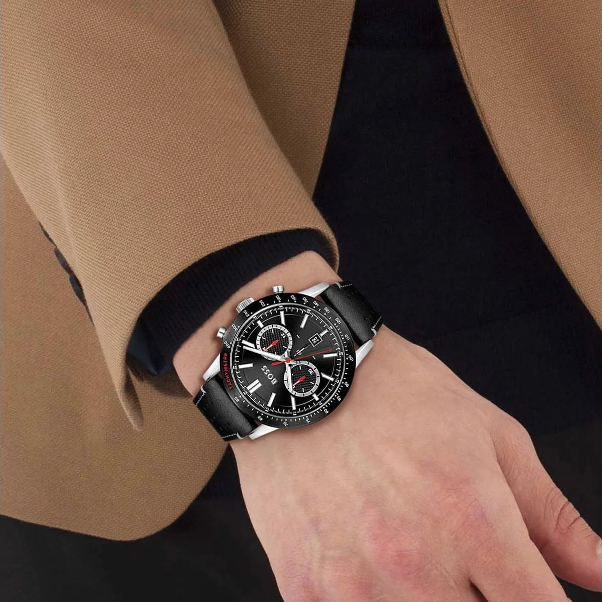 Hugo Boss Allure Black Dial Black Leather Strap Watch for Men - 1513920