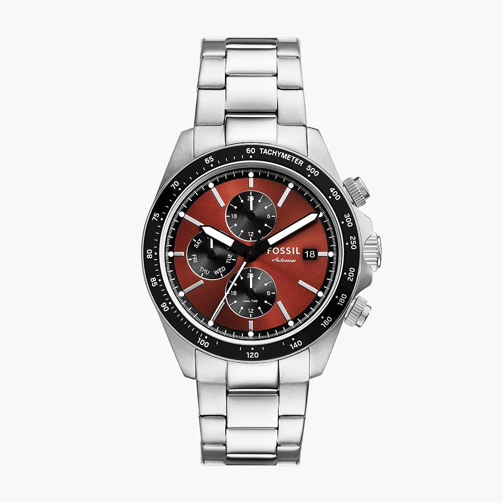 Fossil Chronograph Silver Stainless Steel Red Dial Autocross Quartz Watch for Gents - BQ-2895