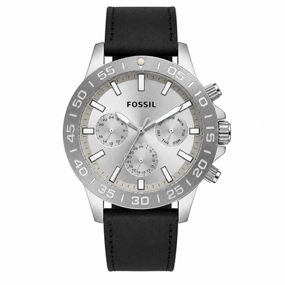 Fossil Bannon Multifunction Silver 45mm Stainless Steel Silver Dial Chronograph Quartz Watch for Gents - BQ2490