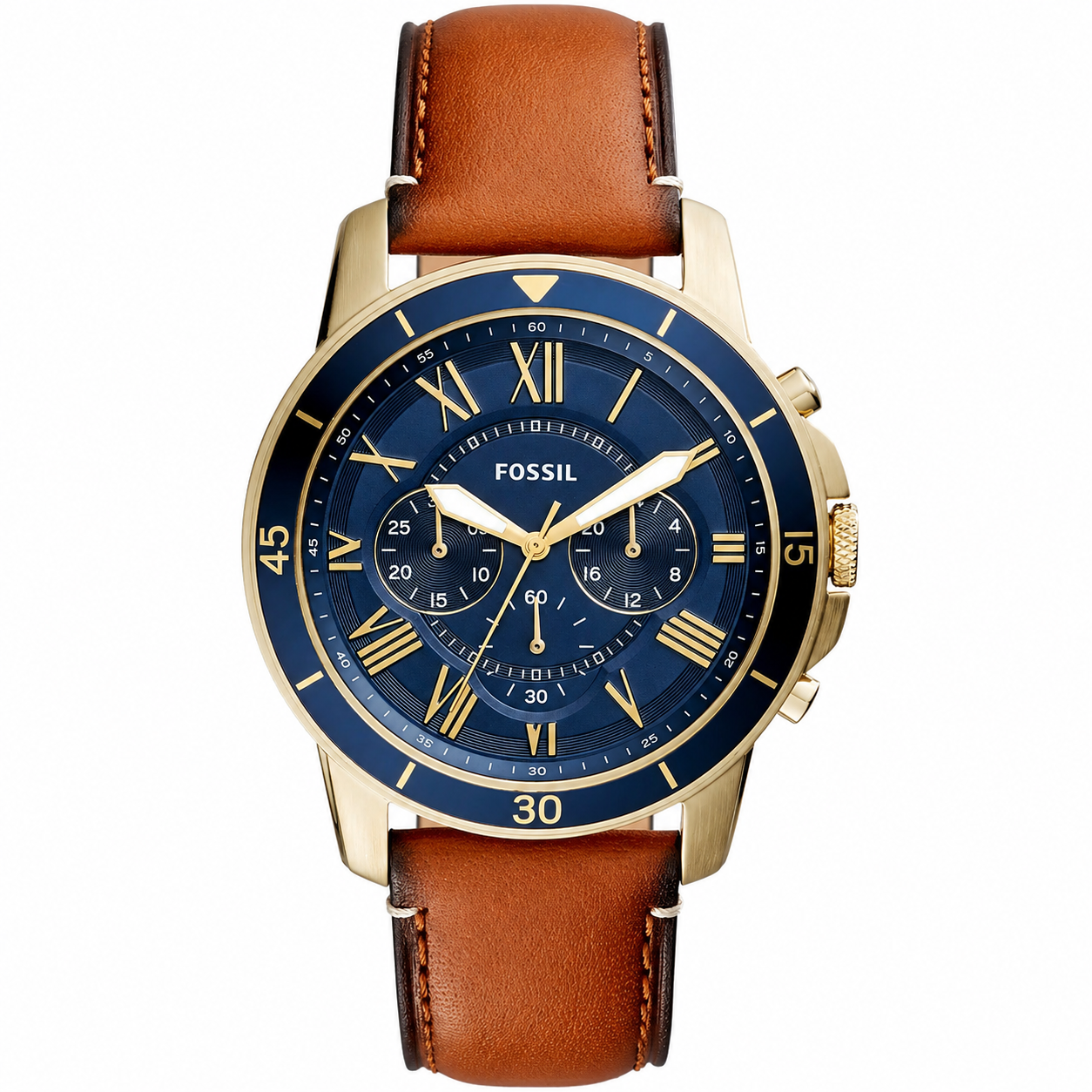Fossil Grant Sport Brown Leather Strap Blue Dial Chronograph Quartz Watch for Gents - FS5268
