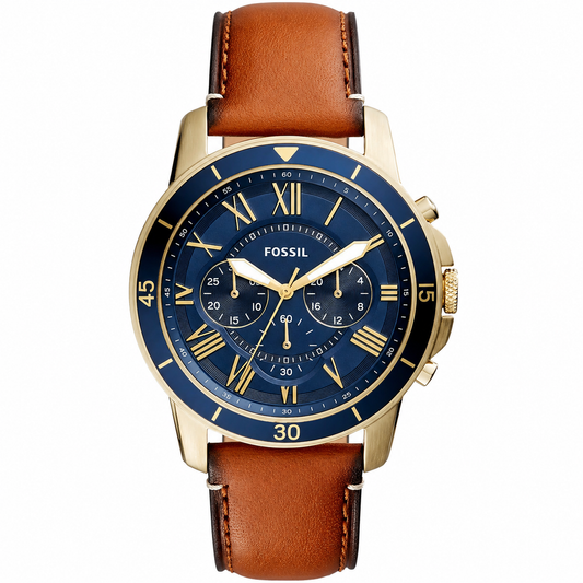 Fossil Grant Sport Brown Leather Strap Blue Dial Chronograph Quartz Watch for Gents - FS5268