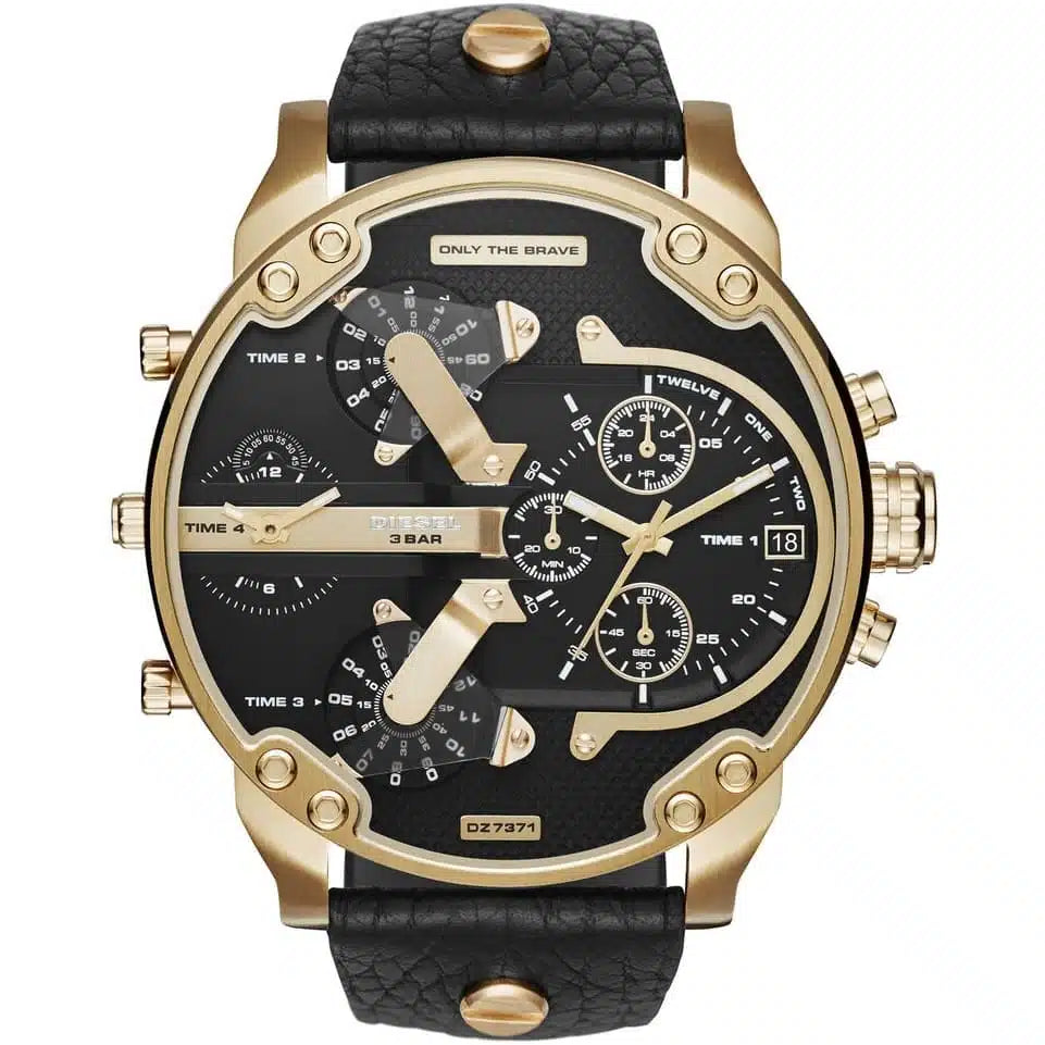 Diesel Men’s Quartz Black Leather Strap Black Dial 57mm (Four Time Zone) Watch DZ7371