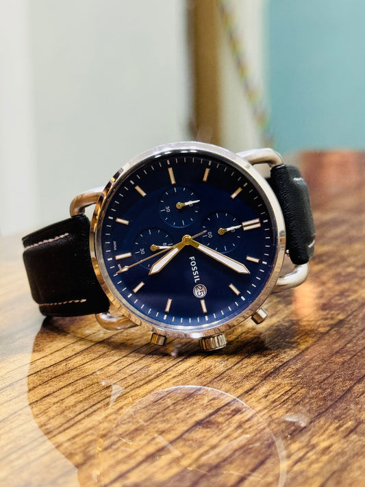 Fossil Commuter Brown Leather Strap Blue Dial Chronograph Quartz Watch for Gents - FS5401