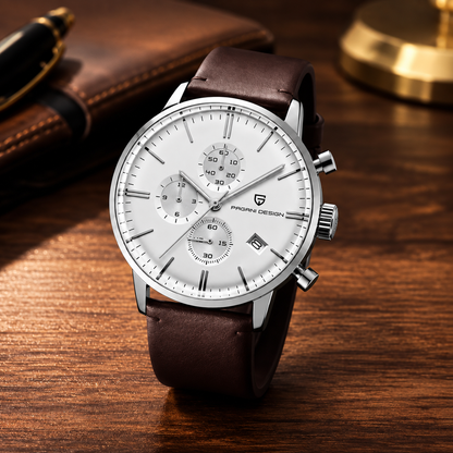 Pagani Design Brown Leather Strap White Dial Chronograph Quartz Watch for Gents - PD2720K