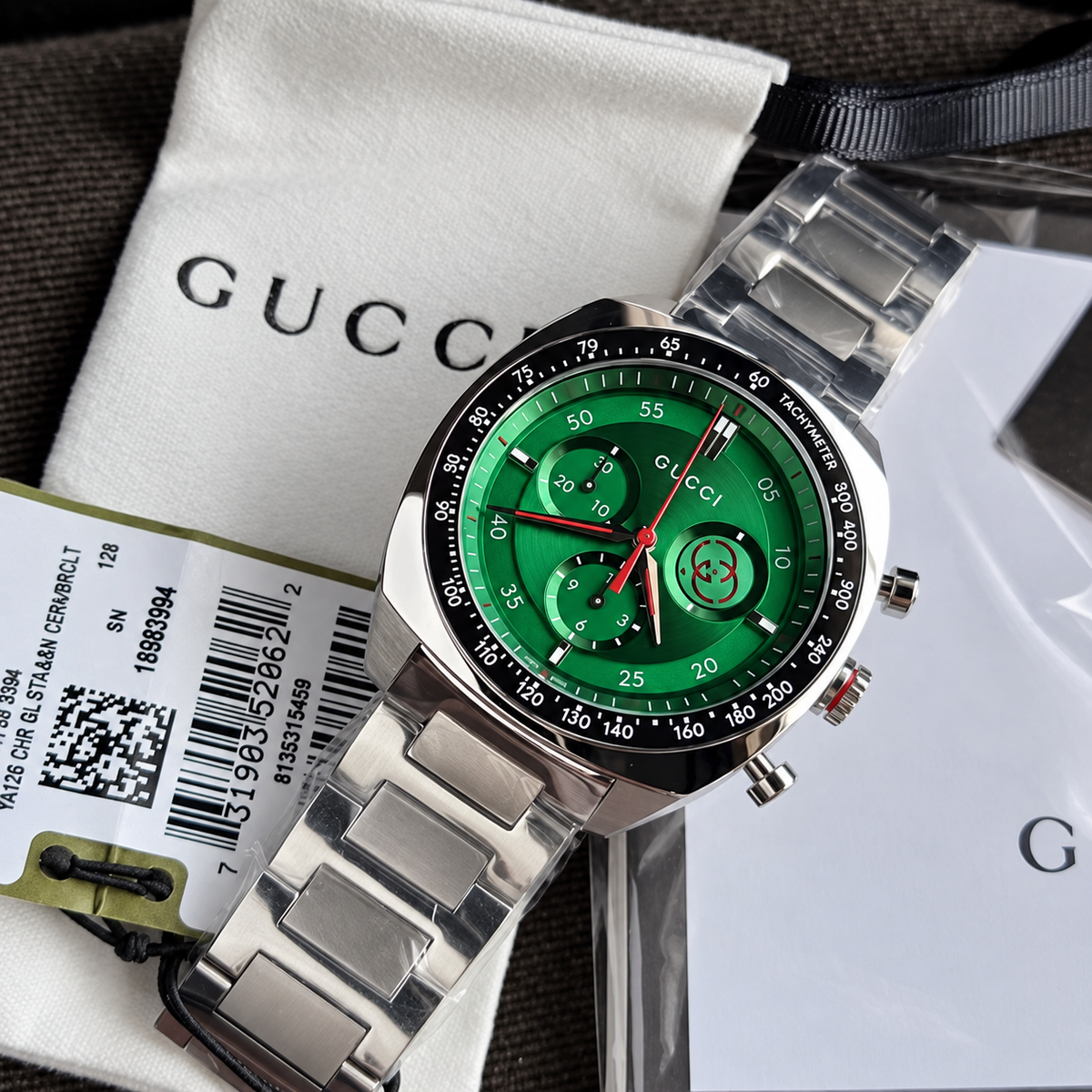 Gucci Interlocking Silver Stainless Steel Green Dial Chronograph Quartz Watch for Gents - YA142318