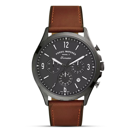 Fossil Forrester Brown Leather Strap Gray Dial Chronograph Quartz Watch for Gents - FS5815