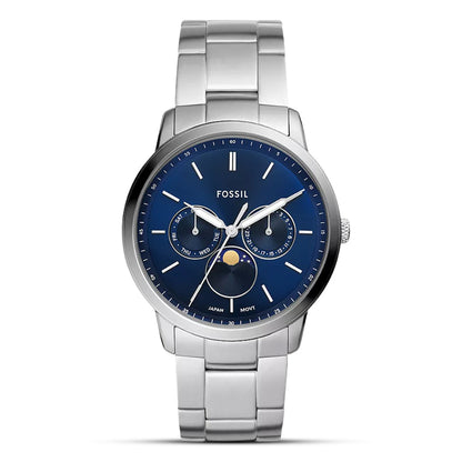 Fossil Moonphase Silver Stainless Steel Blue Dial Quartz Watch for Gents - FS5907