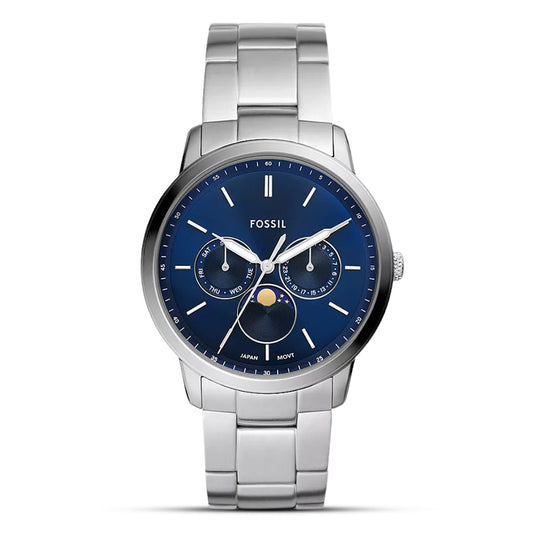 Fossil Moonphase Silver Stainless Steel Blue Dial Quartz Watch for Gents - FS5907