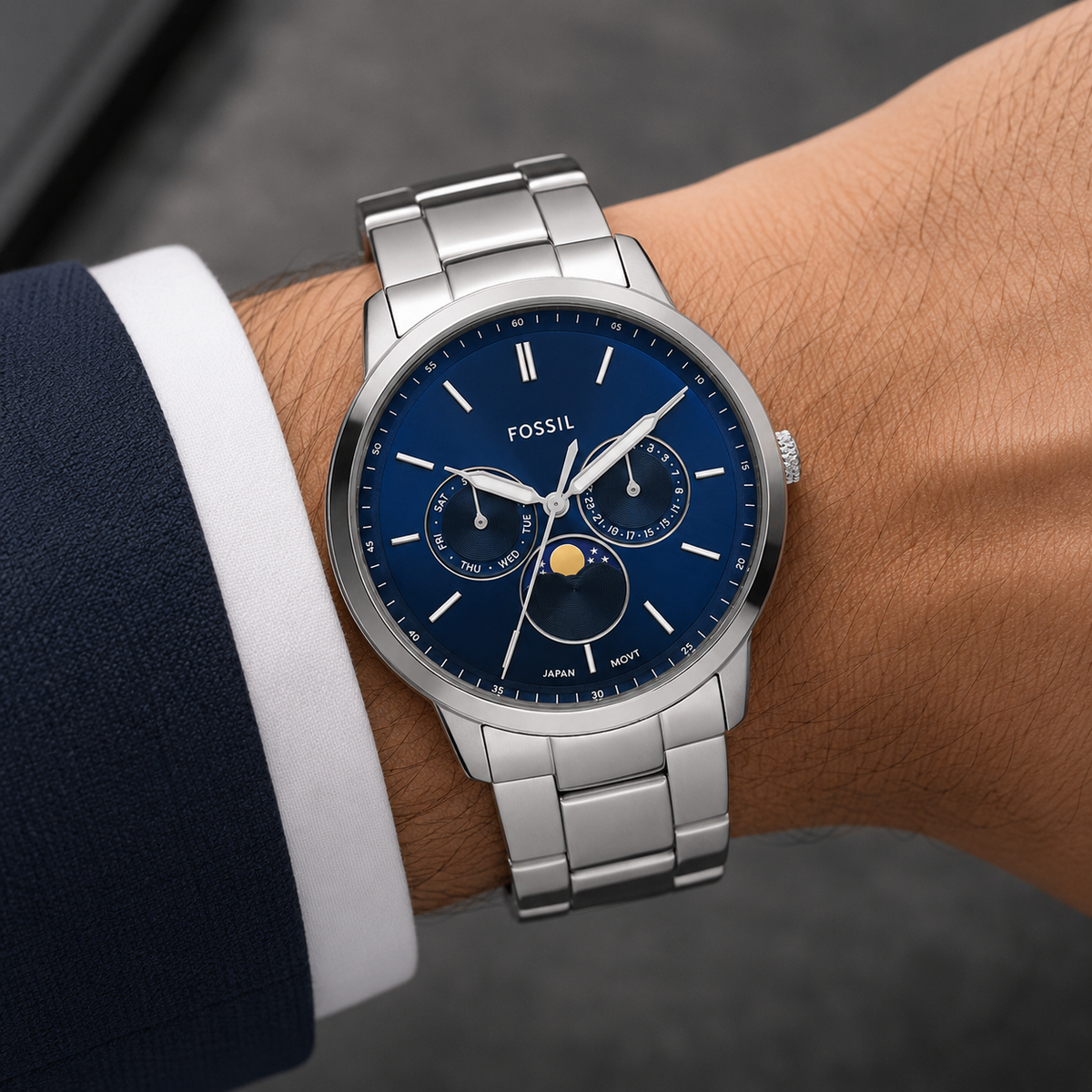 Fossil Moonphase Silver Stainless Steel Blue Dial Quartz Watch for Gents - FS5907