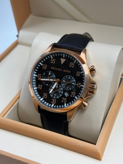 Michael Kors Gage Black Leather Strap Black Dial Chronograph Quartz Watch for Gents - MK8535