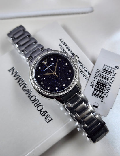 Original Emporio Armani Watch For Women Mia AR11630 With Blue dial , Featured with Crystals Moonphase decorated