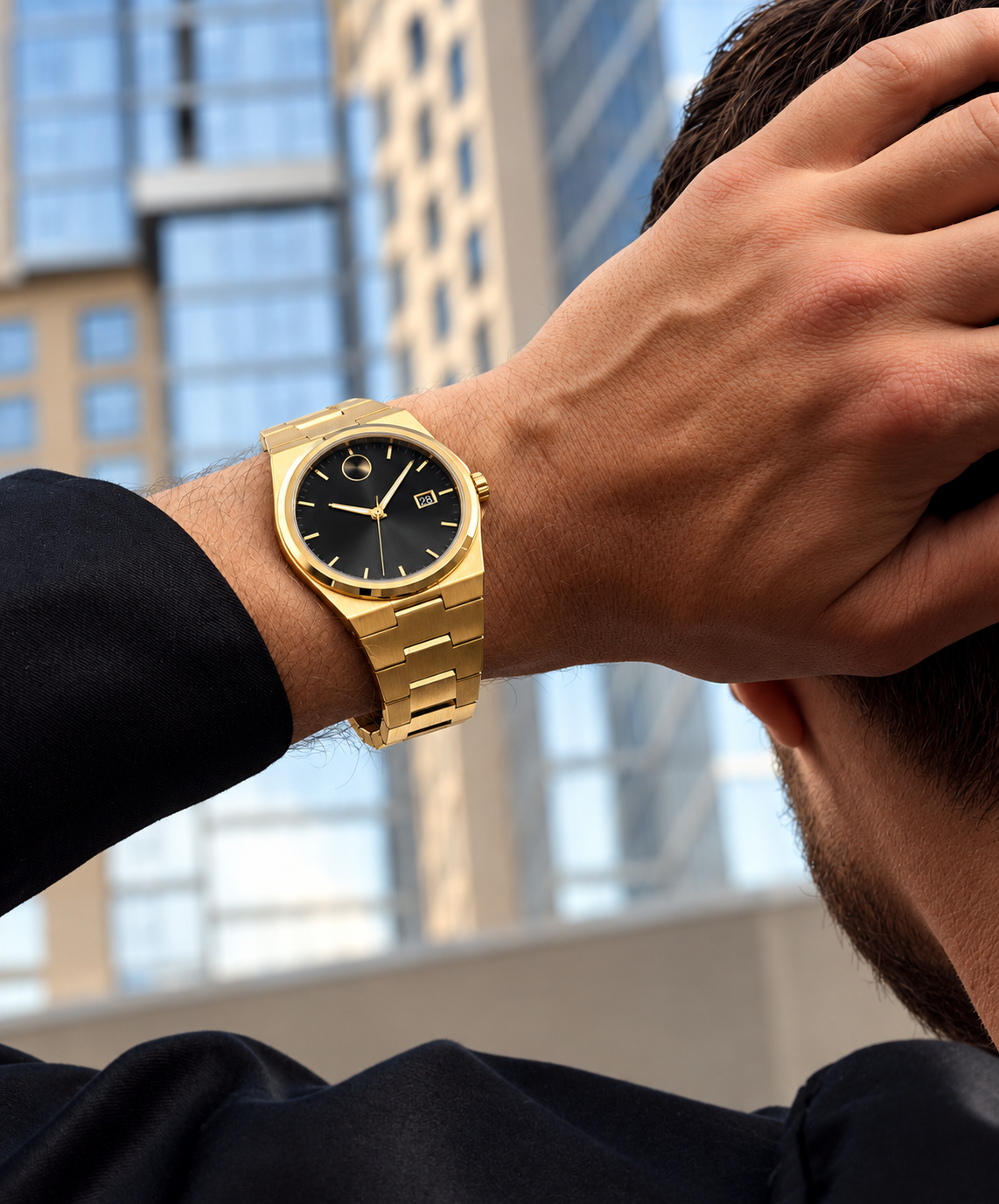 Movado Gold Stainless Steel Black Dial Quartz Watch for Gents - Movado 3601223