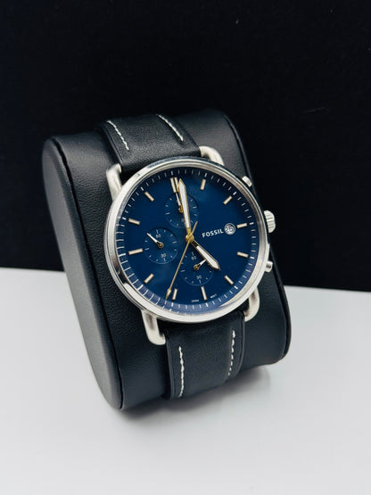 Fossil Commuter Brown Leather Strap Blue Dial Chronograph Quartz Watch for Gents - FS5401