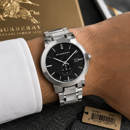 Burberry The City Silver Stainless Steel Black Dial Quartz Watch for Gents - BU9901