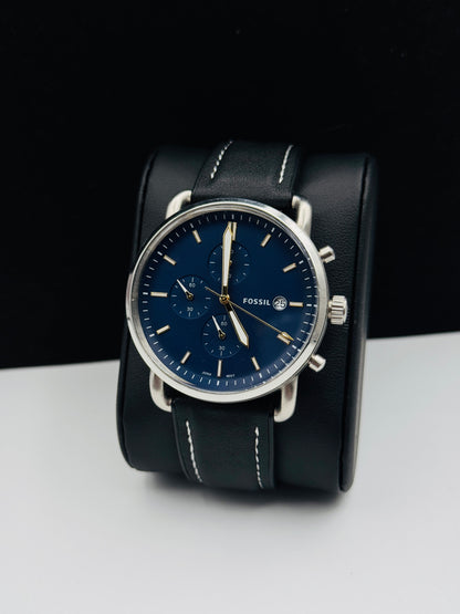 Fossil Commuter Brown Leather Strap Blue Dial Chronograph Quartz Watch for Gents - FS5401